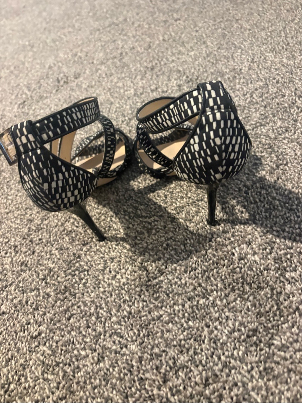 Jimmy Choo Black and White Patterned Strappy Stiletto Heels